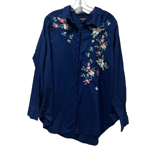 Liz Claiborne 1X Floral Embroidered Navy Blue Button Down Shirt Plus Cotton P - Picture 1 of 4